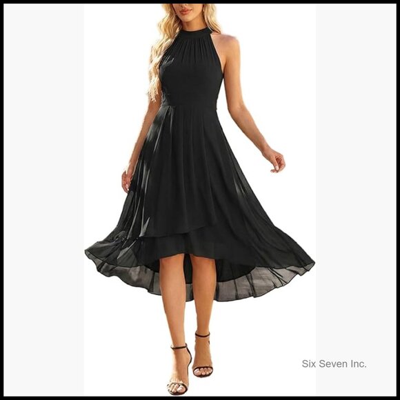 Sexy Halter Neck Pleated Sleeveless Hi-Lo Chiffon Wedding Guest Dress